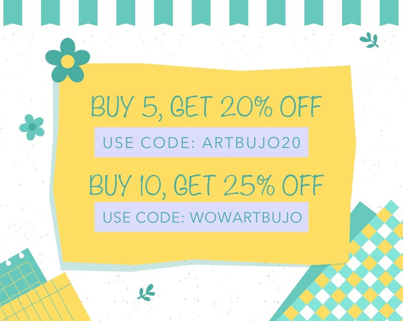 May include: A yellow and blue graphic with text that reads "BUY 5, GET 20% OFF USE CODE: ARTBUJO20 BUY 10, GET 25% OFF USE CODE: WOWARTBUJO"