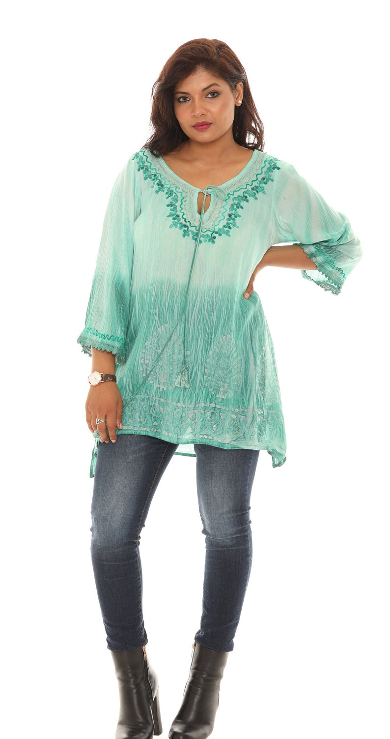 Women's Boho Embroidered Tie-Dye 3/4 Sleeves Tunic Top, Plus Size Tunic Top Blouse, Casual Spring Fall Summer Wear, Women Everyday Clothing image 4