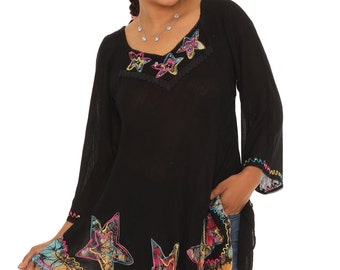 Women's Multi Star Print Embroidery 3/4 Sleeves Tunic, Plus Size Tunic Top, Women Boho Tunic, Casual Summer Wear Tunic