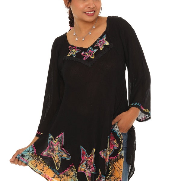 Women's Multi Star Print Embroidery 3/4 Sleeves Tunic, Plus Size Tunic Top, Women Boho Tunic, Casual Summer Wear Tunic