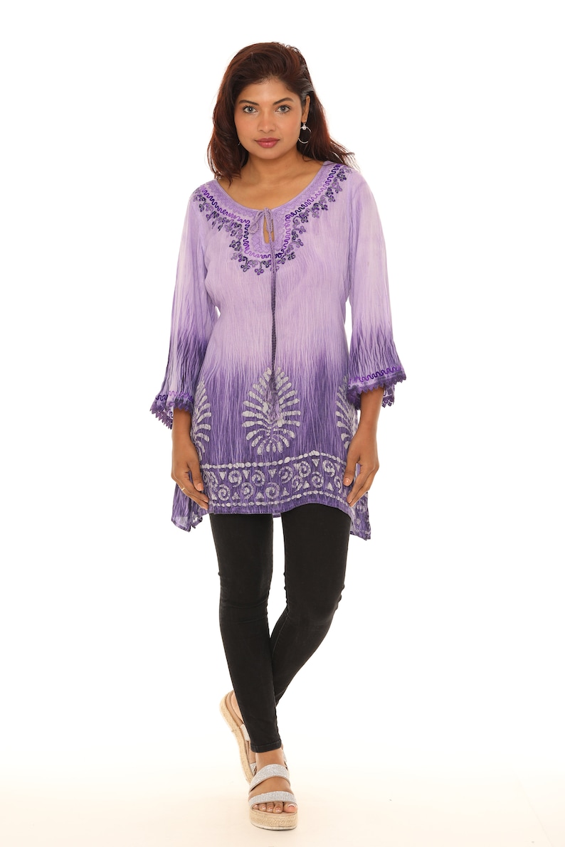 Women's Boho Embroidered Tie-Dye 3/4 Sleeves Tunic Top, Plus Size Tunic Top Blouse, Casual Spring Fall Summer Wear, Women Everyday Clothing image 8