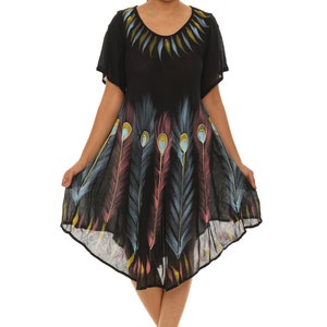 May include: A black, short-sleeved dress with a peacock feather print. The dress has a scoop neck and a flowing, A-line silhouette.