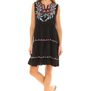 Women&#39;s Black Floral Embroidered Sleeveless Tiered Dress-PLUS, Plus Size Short Dress, Knee Length Dress, Embroidered Dress