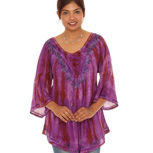 Women's Plus Tie-Dye Embroidered Long Sleeves Tunic Top, Boho Embroidered Plus Size 3/4 Sleeves Tie-Dye Top, Casual Spring Fall Summer Wear