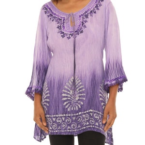 Top tunique brodé tie-dye manches 3/4 pour femmes, Top tunique chemisier grande taille, Décontracté printemps-automne été, Vêtements de tous les jours pour femmes Purple