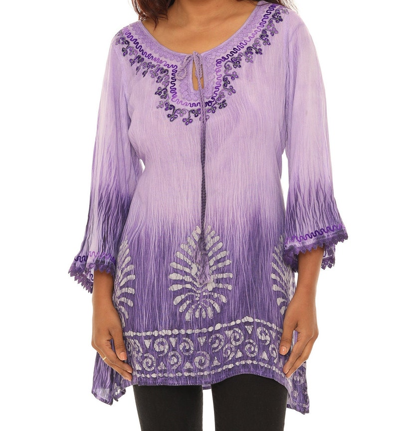 Top tunique brodé tie-dye manches 3/4 pour femmes, Top tunique chemisier grande taille, Décontracté printemps-automne été, Vêtements de tous les jours pour femmes Purple