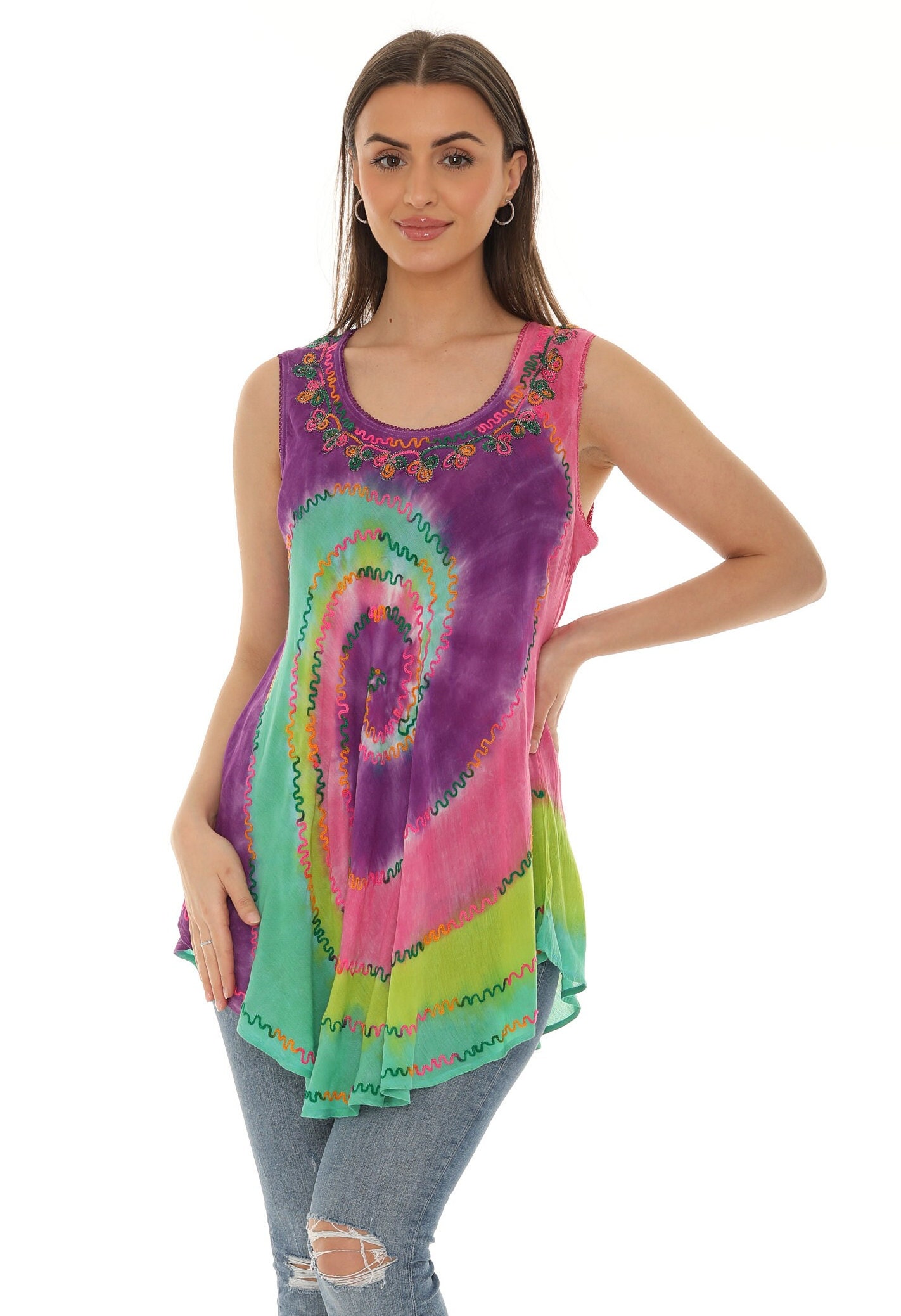 Women's Swirl Tie-dye Embroidery Sleeveless Scoop Neck - Etsy