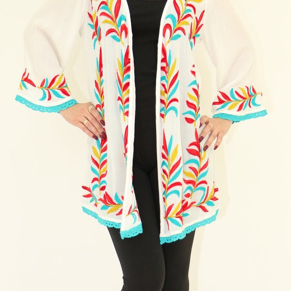 Women's Multi-Colored Embroidered Open Cardigan, Plus Size Open Cardigan, Boho Embroidered Kimono, Cover-up, Beach Wear, Casual Summer Wear