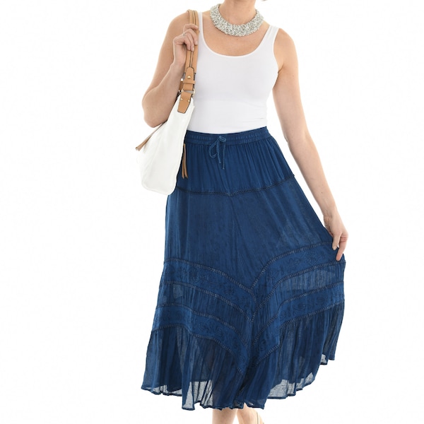 Women's Boho Elastic High Waist Tiered Embroidered Skirt, Plus Size Peasant Skirt, Boho Swing Maxi Skirt, A-line Long Skirt, Festival Wear