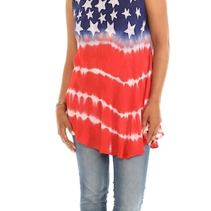 Women&#39;s Casual Red, White & Blue Stars Print Tie-Dye Sleeveless Tank Top, Americana Summer Flag Plus Tunic Top, July4 Top, Patriotic Top