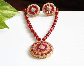 Red Golden Beaded Necklace With Matching Earrings / Indian Jewelry/ Wedding Jewelry / Statement Necklace Set