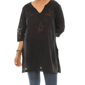 Women&#39;s Plus Starfish Embroidered Notch Neck Cotton Sheer Tunic Top, Boho Embroidered Cover-up Tunic Top, Summer Beach Poolside Casual Wear