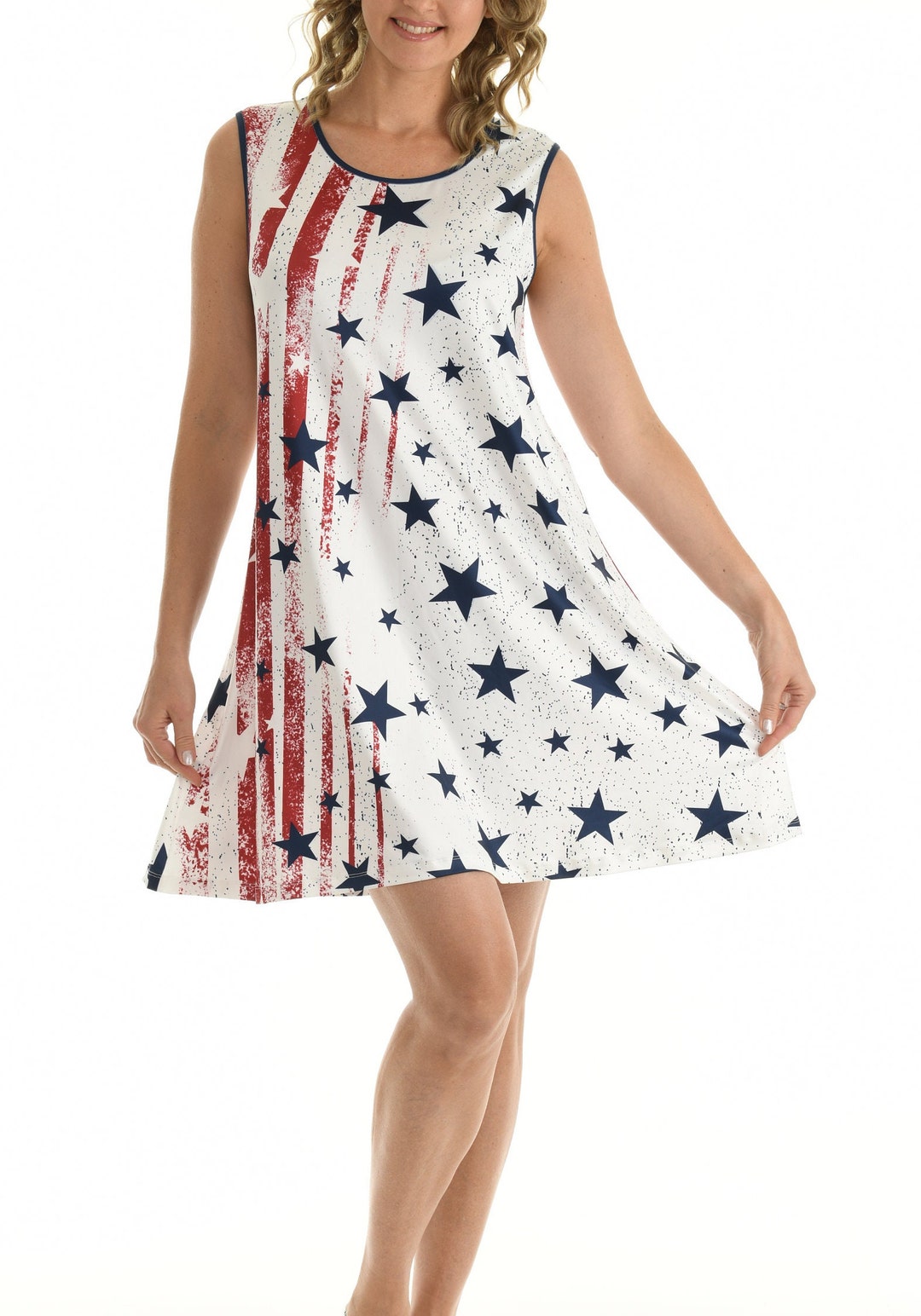 Women's Casual Red, White & Blue Stars Stripes Sleeveless Shift Dress ...