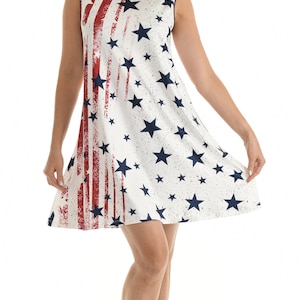 Women&#39;s Casual Red, White & Blue Stars Stripes Sleeveless Shift Dress, Americana Summer Dress PLUS