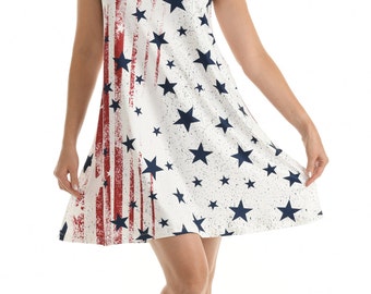 Women's Casual Red, White & Blue Stars Stripes Sleeveless Shift Dress, Americana Summer Dress PLUS