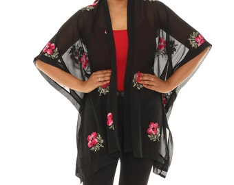 Sheer Floral Embroidered Kimono Cardigan, Boho Beach Cover-Up
