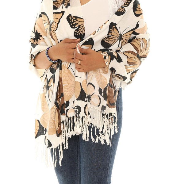 Women Ivory-Beige Butterfly Print Scarf with Tassel, Fall/Winter Accessory, Printed Floral Scarf, Fashion Scarves for Fall Winter Shawl Wrap