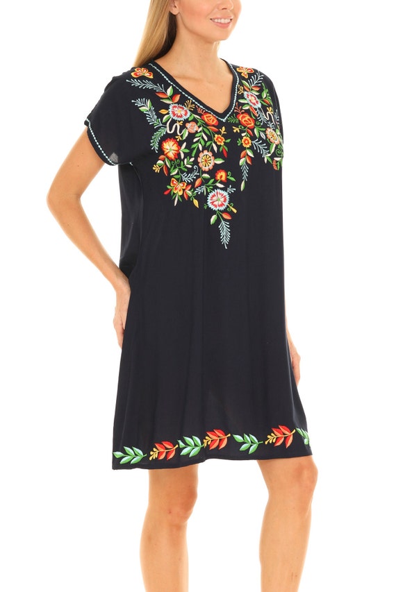 Plus Size Embroidered Rayon Shift Dress, Short Sleeve Summer Tunic Plus Size Embroidered Rayon Shift Dress, Short Sleeve Summer Tunic