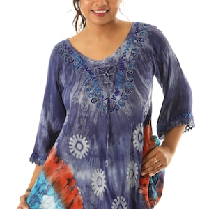 Women&#39;s Plus Tie-dye Embroidered Ombre 3/4 Sleeves Top, Summer Spring Fall Casual Wear, Boho Tie-Dye Blouse Top, Plus Size Tunic Top, Gift
