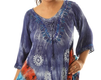 Women's Plus Tie-dye Embroidered Ombre 3/4 Sleeves Top, Summer Spring Fall Casual Wear, Boho Tie-Dye Blouse Top, Plus Size Tunic Top, Gift