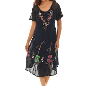 Women's Casual Embroidered Floral Brush Paint Short Sleeves Dress, Boho Summer Sundress, PLUS Size Summer Dress, Fashion Dress