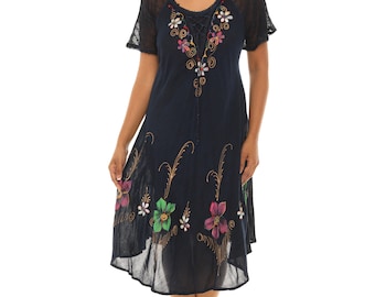 Women&#39;s Casual Embroidered Floral Brush Paint Short Sleeves Dress, Boho Summer Sundress, PLUS Size Summer Dress, Fashion Dress