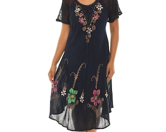 Women's Casual Embroidered Floral Brush Paint Short Sleeves Dress, Boho Summer Sundress, PLUS Size Summer Dress, Fashion Dress