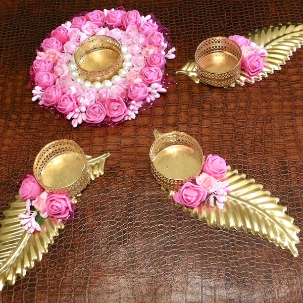 Pink White Floral Leaf Pattern Handmade Rangoli With Tea light holder/ Festive Home decor/ Diwali Decorations/ Tea light holder/ Rangoli Set