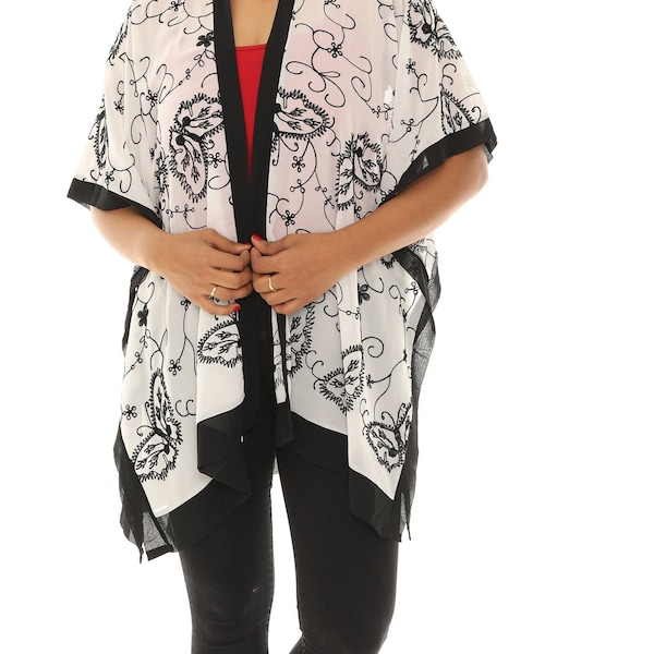 Women Sheer Butterfly Floral Embroidered Open Cardigan, Cover-up, Boho Embroidered Kimono, Plus Size Cardigan, Layering, Summer Beach Wear