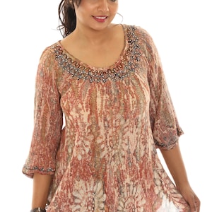 Women's Rust Embroidered Tie-Dye Batik Print 3/4 Sleeves Tunic, Boho Tie-Dye Top, Plus Size Top Tunic, Spring Summer Fall Casual Wear