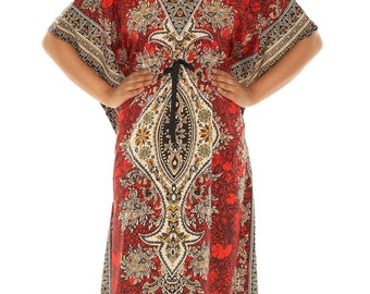 Women's Plus Floral Medallion Printed Kaftan Dress, Plus Size Long Maxi Kimono, Summer Beach Dress, Casual Relaxed  Lounge Poolside Wear