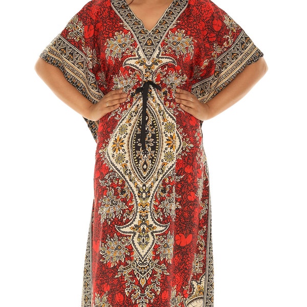 Women's Plus Floral Medallion Printed Kaftan Dress, Plus Size Long Maxi Kimono, Summer Beach Dress, Casual Relaxed  Lounge Poolside Wear