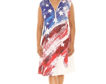 Americana Sleeveless A-Line Dress - Patriotic Stars and Stripes, Plus Size