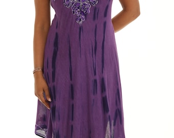 Women's Purple Embroidery Tie-Dye Sleeveless Scoop Neck Dress-PLUS SIZE, Boho Casual Summer Tie-Dye Midi Dress, Beach Vacation Resort Wear