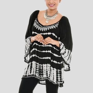 Women&#39;s Plus  Tie-Dye Embroidery Kimono Sleeves Tunic Dress Boho Plus Size Bell 3/4 Sleeves Top, Summer Casual Fall Wear Plus Size Tunic Top