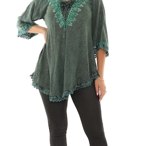 Women&#39;s Rhinestone-Accent Embroidered 3/4 Sleeves Tunic Top, Plus Size Tunic Top, Summer Casual Everyday Wear Tunic, Boho Embroidered Tunic,