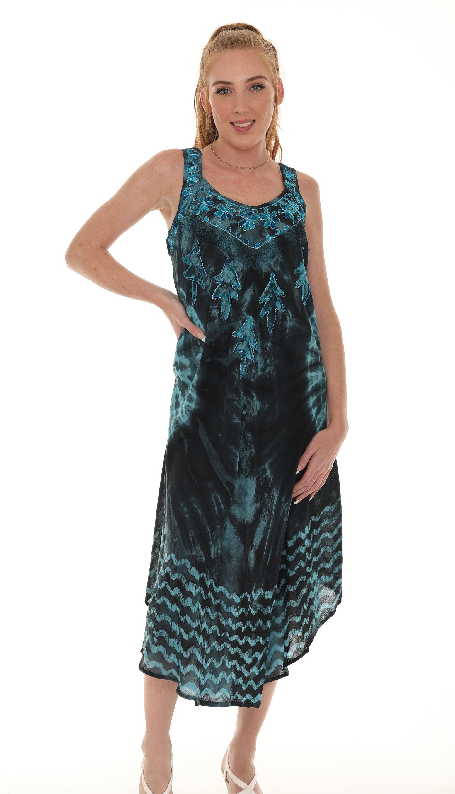 Women's Plus Embroidered Tie-Dye Sleeveless Rayon Dress, Women Maxi Plus Size Sundress, Boho Casual Summer Dress Fashion Beach Wear Cover-Up