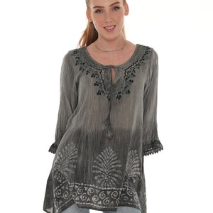 Women's Boho Embroidered Tie-Dye 3/4 Sleeves Tunic Top, Plus Size Tunic Top Blouse, Casual Spring Fall Summer Wear, Women Everyday Clothing Grey