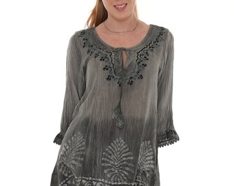 Women's Boho Embroidered Tie-Dye 3/4 Sleeves Tunic Top, Plus Size Tunic Top Blouse, Casual Spring Fall Summer Wear, Women Everyday Clothing