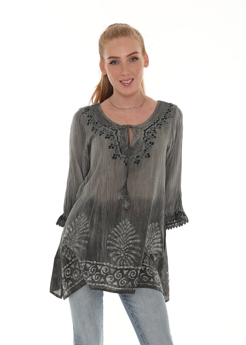 Women's Boho Embroidered Tie-Dye 3/4 Sleeves Tunic Top, Plus Size Tunic Top Blouse, Casual Spring Fall Summer Wear, Women Everyday Clothing Grey