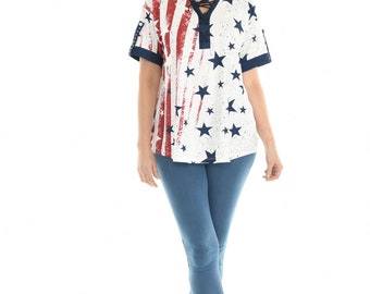 Women's Patriotic 4th Of July Tunic Top - Red White Blue Flag Stars & Stripes, Short Sleeve Blouse (X-Large)