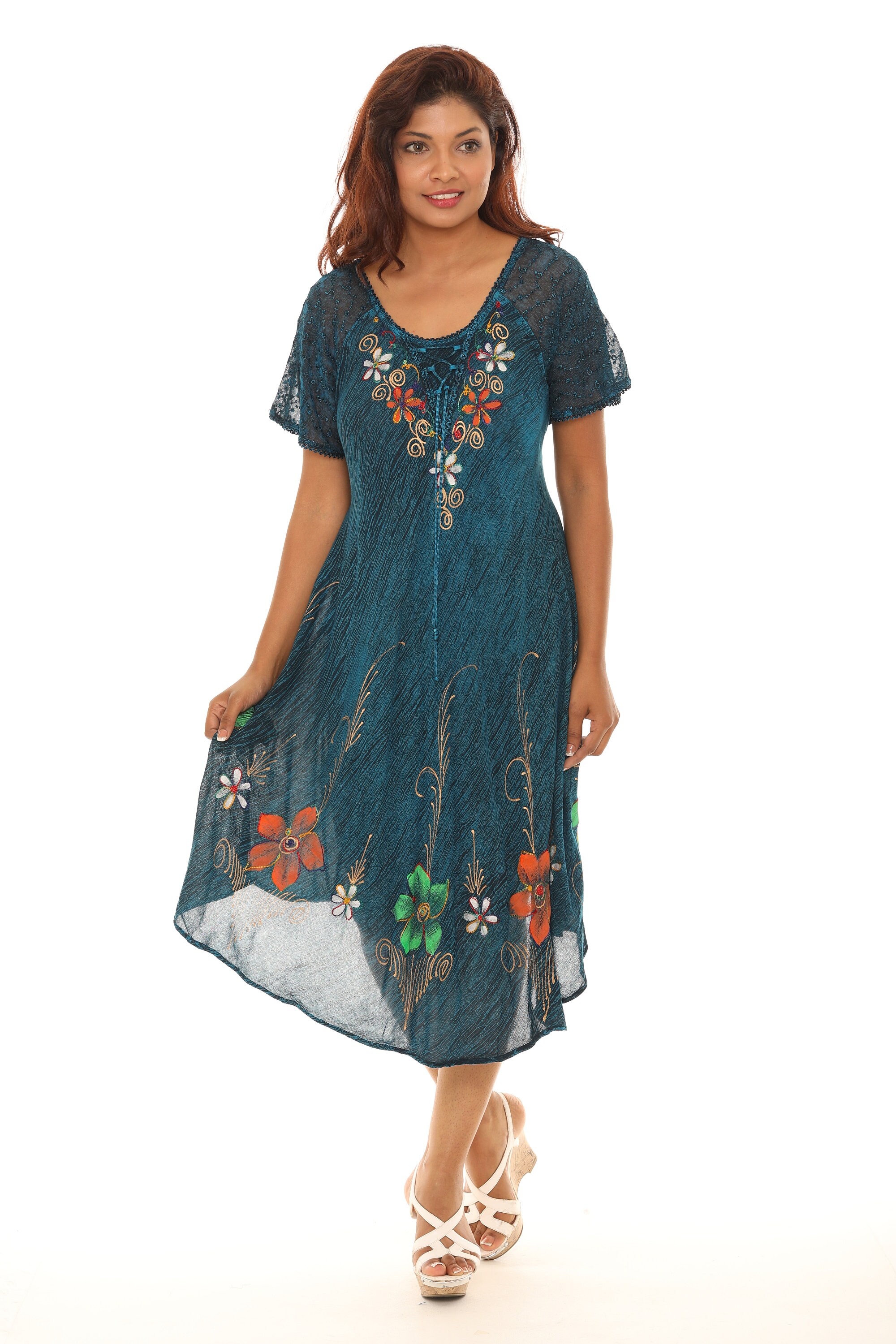 Embroidered Floral Rayon Dress, Boho Summer Sundress, Plus Size