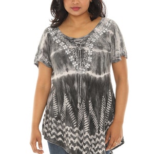 Women's Plus Embroidered Ombre Tie-dye Short Sleeves Tunic Top, Boho Summer/ Spring Casual Relaxed Wear, Plus Size Embroidered Tunic Top