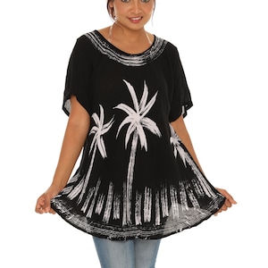 Black & White Palm Tree Print Rayon Scoop Neck Short Sleeves Summer Tunic Top -PLUS , Women's Plus Tropical Print Casual Boho Tunic Top