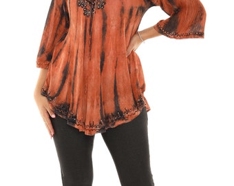 Women's Plus Size Tie-Dye Tunic Top, Embroidered Boho 3/4 Sleeve