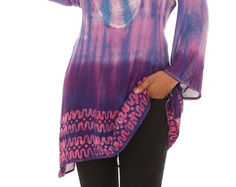 Women's Casual Ombre Tie-Dye Long Sleeves  Side Tail Tunic Top, Plus Size Tie-Dye Tunic Top, Boho Tunic Top