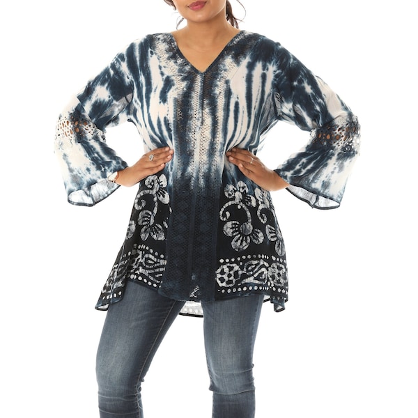 Women's Plus Ombre Tie-dye Tunic Top, Floral Batik Print, Long Bell Sleeves