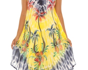 Women Tie-Dye Ombre Brush Paint Palm Tree Print Sleeveless Sundress, Casual Summer Tropical Print Fashion Boho Dress Beach Resort Wear  PLUS
