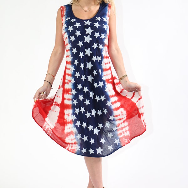 Women’s Summer Flag Tie-Dye Sleeveless Sundress-PLUS, Casual Flag Dress Beach Wear Cover-Up, Red White & Blue Stars And Stripes Dress