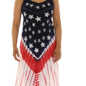 Women’s  Americana Patriotic Flag Tie-Dye Sleeveless Summer Dress-PLUS Size, Festival Casual Wear, Red White & Blue Stars And Stripes Dress